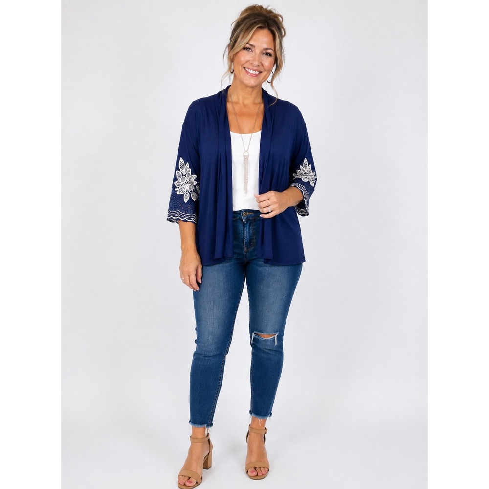 ECLA Navy Blue Open Front Cardigan White Floral Embroidered Bell Sleeve PL